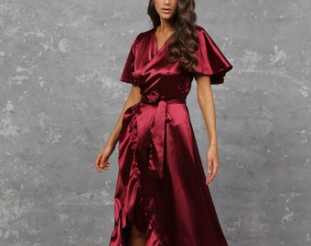 Satin dress wrap dress burgundy dress bridesmaid dress asymmetrical dress party dress slit dress formal dress, dress for women elegant dress