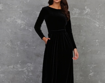 Black Dress, Velvet Bridesmaid Dress, Long Sleeve Maxi Dress With Pleats Party Dress