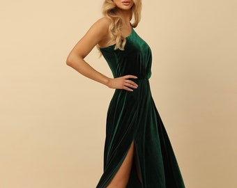 One Shoulder Dress, Velvet Dress, Bridesmaid Dress, Slit Dress, Maxi Dress, A Line Dress, Engagement Dress, Dark Green Dress, Woman Dress