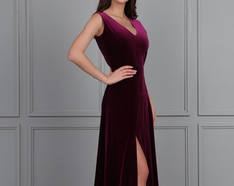 Bridesmaid Dress, Velvet Dress, Maxi Dress, Purple Dress, Evening Gown, A Line Dress, Sleeveless V Neck, Maid Of Honor, Reception Dress