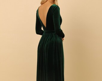 green velvet backless dress Dark Gown, Long Sleeve Slit Dress, Elegant Maxi Maid of Honor Sleeveless dresses