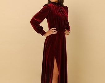 Velvet Dress, Burgundy Dress, Bridesmaid Dress, A Line Dress, Reception Dress, Maxi Dress, Slit Dress, Long Sleeve Dress, Maid Of Honor