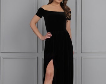 Black Dress, Formal Dress, Bridesmaid Velvet Dress, Off The Shoulder Dress Slit Dress, Party Dress Maxi Dress