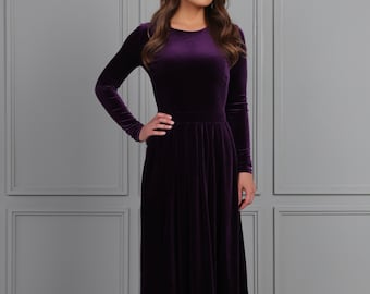 Midi Long Sleeve Velvet Dress, Formal Party Dress, Velvet Bridesmaids Dress, Plum Dress with Pockets