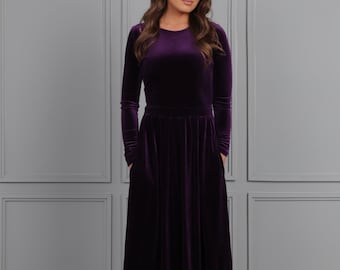 Robe de demoiselle d'honneur, robe en velours, robe mi-longue, robe d'invitée de mariage, robe de soirée, robe plissée, poches de robe, robe à manches longues, robe femme