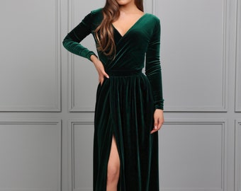 Dark Green Dress, Velvet Dress, Bridesmaid Dress, Long Sleeve Maxi Dress Slit Dress Backless Dress With Pleats Maid Of Honor
