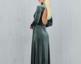 Dusty Sage Dress, Velvet Bridesmaid Dress, Long Dress Long Sleeve, A Line Backless Dress Evening Gown Party Dress