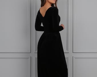 Bridesmaid Velvet Dress, Long Sleeve Dress, Midi Dress, Party Dress V Neck Dress, Elegant Women Dress