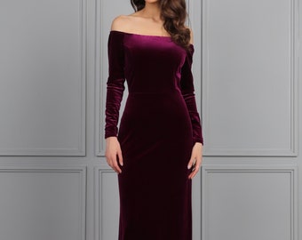 Elegant dress bridesmaid velvet dress cocktail dress maxi dress party dress off the shoulder dress long sleeve purple dress