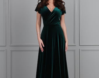 Dark Green Bridesmaid Velvet Dress High Quality Fabric Dress A Line Maxi Gown Dress Wrap Neck Short Sleeves Closed Back - Etsy UK Dark Green Bridesmaid Velvet Dress High Quality Fabric Dress A Line Maxi Gown Dress Wrap Neck Short Sleeves Closed Back - Etsy UK