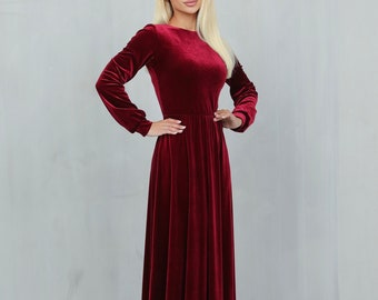 Burgundy Dress, Velvet Dress, Maxi Dress, Bridesmaid Dress, Long Sleeve Dress, A Line Dress, Reception Dress, Party Dress