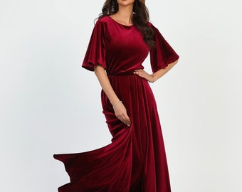 Burgundy Dress, Velvet Dress, Dress Wedding Guest, Bridesmaid Dress, A Line Dress, Flare Sleeve Dress Maxi Dress Maid Of Honor, Party Dress