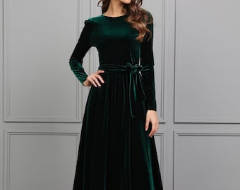 Bridesmaid Velvet Dress, Midi Dress, Party Dress, Long Sleeve Dress, A Line Dress, Dark Green Dress, Elegant Dress, Cocktail Dress