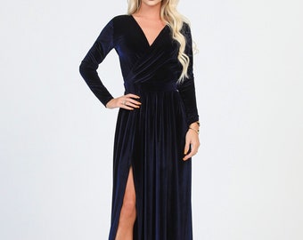 Abito in velluto blu navy a maniche lunghe, elegante abito da damigella d'onore, abito da sera formale