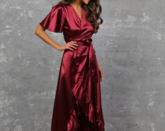 Satin wrap dress, burgundy satin dress, bridesmaid satin dress, asymmetrical dress, party dress, formal dress, slit dress