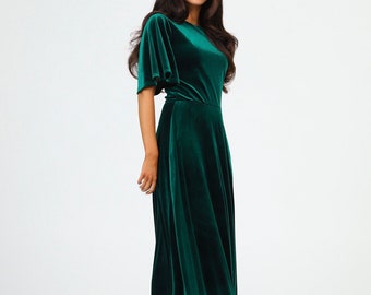 Velvet bridesmaid dress, elegant dress wedding guest dark green a line dress gown dress maid of honor maxi dress