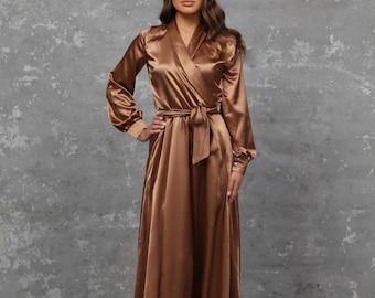 Satin Maxi Dress with Long Sleeve, Formal A-line Dress, Elegant Women Party Dress