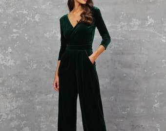 Dark green jumpsuit, jumpsuit for women, bridesmaid velvet jumpsuit wedding guest jumpsuit wide leg jumpsuit party jumpsuit