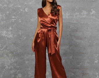 Satin ärmelloser Cocktail-Jumpsuit, Frauen mit weitem Bein Overall, Sommer Brautjungfer Hosenanzug Kupfer