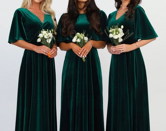 Velvet Bridesmaid Dress, Maxi Dress, A- Line Dress Wedding Guest Maid Of Honor Dark Green Dress Flare Sleeve Dress Party Dress Elegant Dress