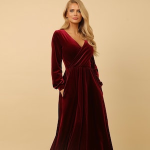 Burgundy velvet midi dress, long sleeve formal women dress, velvet bridesmaid dress with pockets