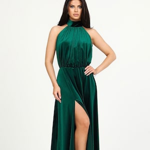 Halter Velvet Gown, Low Back Emerald Dress, SIZE Small- ready to Ship, Velvet Maxi Dress Premade