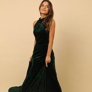 Dark green halter velvet dress, evening dress velvet bridesmaid dress, formal sleeveless dress, a line elegant dress