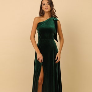 Wedding guest velvet dress bridesmaid dress dark green velvet dress, one shoulder formal dress