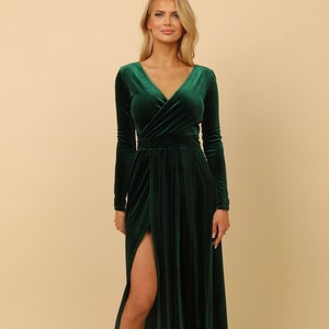 Long Sleeve Dark Green Velvet Dress, Slit Low Back Elegant Dress, Women Evening Dress