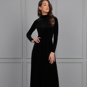 Black Gown For Wedding, Bridesmaid Dress, Maxi Dress, Velvet Dress, Long Sleeve Dress, A Line Dress, High Neck Dress, Party Dress, dress wedding guest, reception dress, wedding dress, elegant dress, mother of the bride, long dress long sleeve, gown