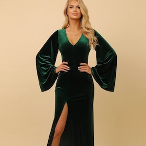 Plunging V-Neck Long Sleeve Velvet Dress Lime Green main image 1