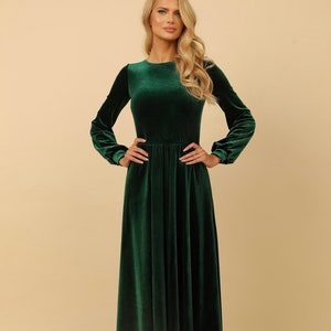 Dark Green Elegant Velvet Dress, Wedding Guest Formal Dress, Bridesmaid Velvet Dress Long