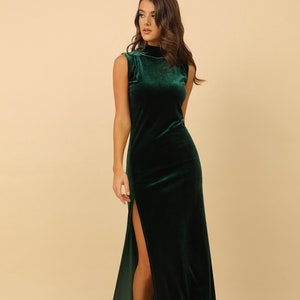 Velvet Bridesmaid Dress, Maxi Dress, Cocktail Dress, Slit Dress, High Neck Dress, Dress Sleeveless, Dark Green Dress