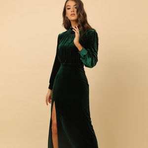 Velvet Wedding Dress Long Sleeve Slit Dress Formal Dark Green Mock Neck Dress