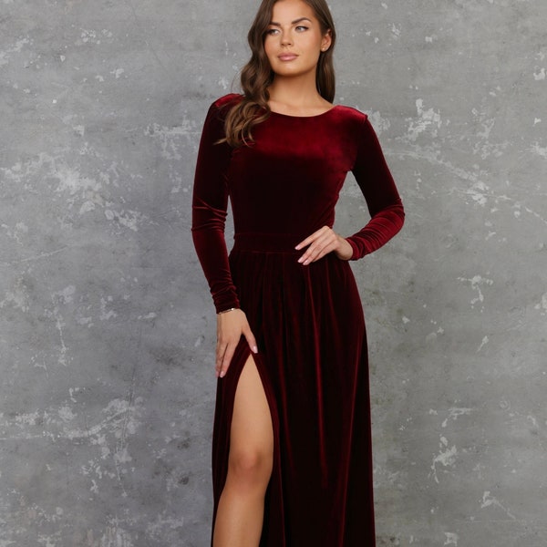 Velvet Bridesmaid Dress, Burgundy Dress, Maxi Dress, Evening Dress, Long Sleeve Slit Dress, Party Dress, Low Back Dress