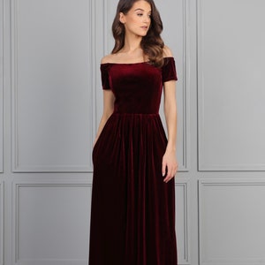 Burgundy evening velvet dress, maxi party dress, off the shoulder formal dress, velvet bridesmaid dress with pockets