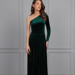 One Shoulder Velvet Dress, Long Sleeve Wedding Guest Dress, Bridesmaid Velvet Dress, Emerald Elegant Dress