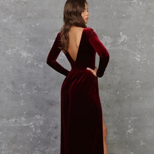 Burgundy Velvet Wedding Guest Dress, Long Sleeve Velvet Bridesmaid Dress, Backless Elegant Maxi Dress