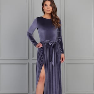 Long sleeve velvet formal dress, pleated gray maxi dress, velvet bridesmaid dress with slit