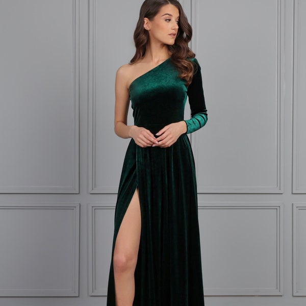 Samt Brautjungfer Kleid, dunkelgrünes Kleid, Langarm Kleid mit Schlitz, Ein-Schulter-Kleid, formelle Kleidung, Partykleid, elegantes Kleid