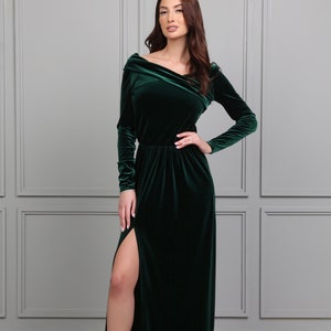 Wedding Elegant Velvet Gown, Off The Shoulder Reception Dress, Bridesmaid Velvet Dress, Dark Green Evening Gown