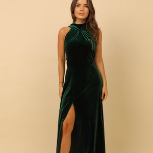 Elegant Halter Velvet Dress, Sleeveless Evening Dress, Bridesmaid Velvet Dress, Dark Green Slit Long Dress