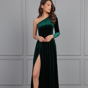 Dark Green Bridesmaid Velvet Dress High Quality Fabric Dress One Shoulder One Sleeve Maxi Dress Gown High Wrap Slit With Sash Waistband
