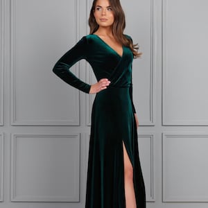 Long Sleeve Wrap Neck Velvet Dress, Formal Women Dress, Velvet Bridesmaid Dress Dark Green