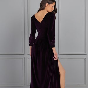Bridesmaid Dress Velvet Dress Slit Dress Long Sleeve Maxi Dress Party Dress Women Dress V Neck
