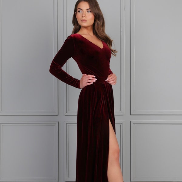 Bridesmaid Velvet Dress, Burgundy Slit Dress, Wedding Guest Dress, Long Sleeve Maxi Dress, Elegant Dress