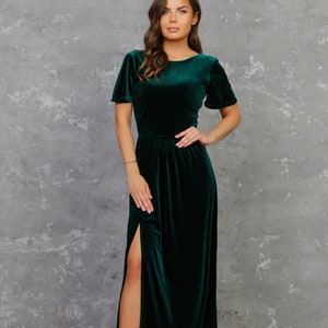 Bridesmaid Velvet Dress, A Line Dress, Slit Dress, Dark Green Dress, Low Back Dress, Elegant Dress, Party Dress, Maxi Dress