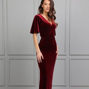 Bridesmaid Velvet Dress Evening Dress Burgundy Dress Flare Sleeve Elegant Dress Maid Of Honor