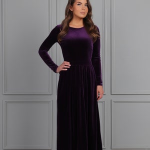 Midi Long Sleeve Velvet Dress, Formal Party Dress, Velvet Bridesmaids Dress, Plum Dress with Pockets