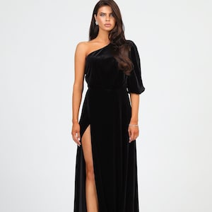 Velvet evening gown, one shoulder elegant cocktail dress, a line black velvet dress maid of honor